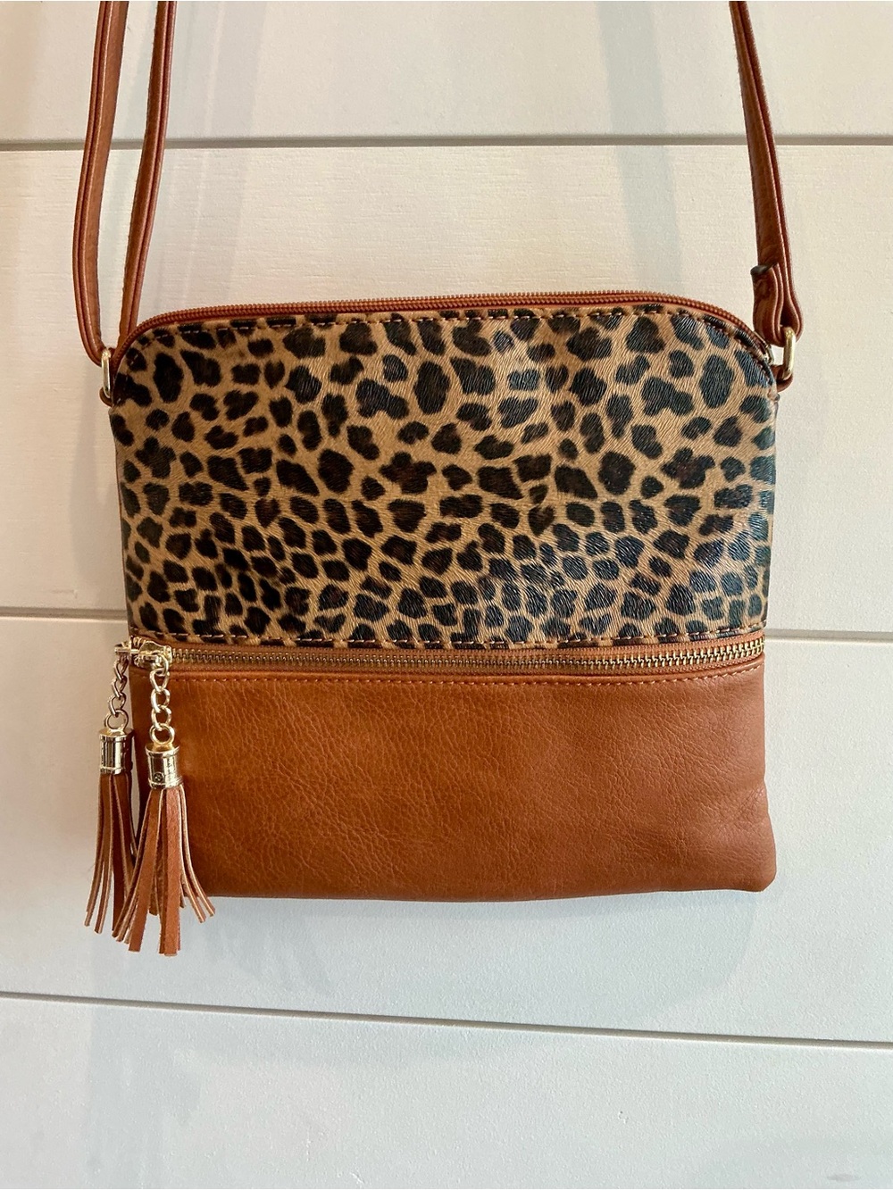 Leopard Print and Tan Crossbody Bag with Tassel Detail